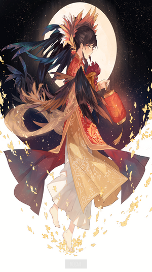 Anime girl with rooster headdress and lantern under moonlight