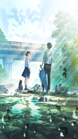 Anime couple with cat by a bridge and river