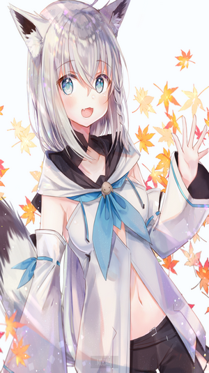 Anime girl with fox ears and tail, autumn leaves
