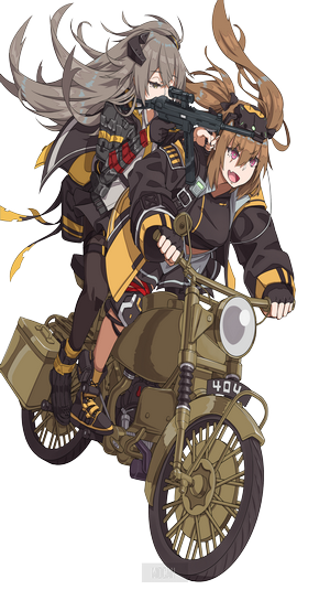 UMP9 and UMP45 from Girls Frontline riding a motorcycle