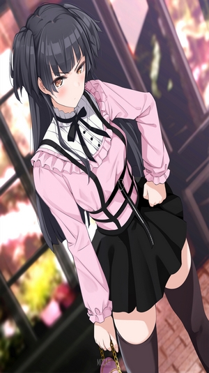 Anime girl with black hair in pink outfit