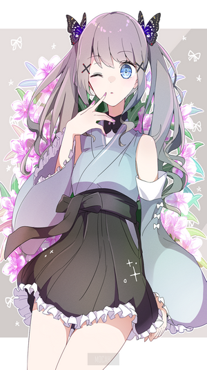 Anime girl with butterfly hair clips and flowers