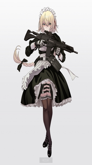 Anime girl in maid outfit holding a rifle