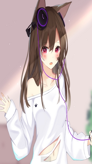 Anime cat girl with headphones and ripped shirt