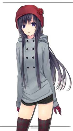 Anime girl with long hair wearing a red beret and grey hoodie