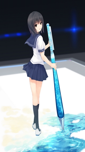 Anime girl in school uniform holding a giant pen