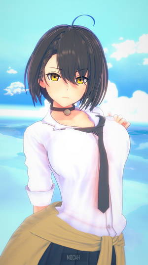 Anime girl with short black hair and yellow eyes