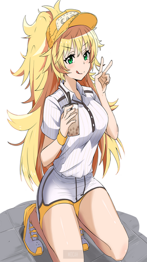 Anime girl with blonde hair holding a drink