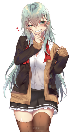 Anime girl with long blue hair in school uniform