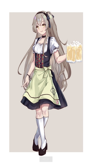 Anime girl in dirndl holding beer mugs