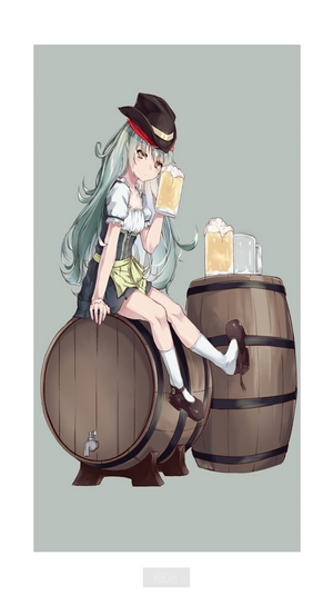 Anime girl in dirndl with beer mugs and barrels
