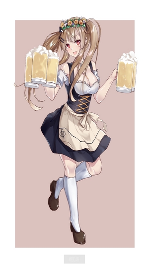 Anime girl in dirndl holding beer mugs