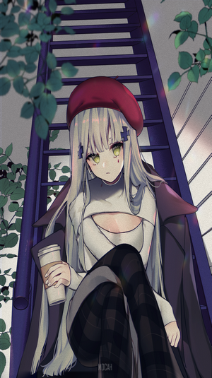 HK416 from Girls Frontline sitting on stairs with coffee