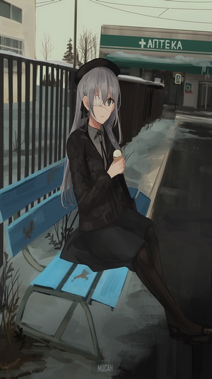 Anime girl with gray hair and eye patch eating ice cream