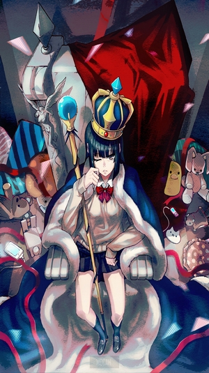 Anime girl wearing a crown and cape sitting on a throne