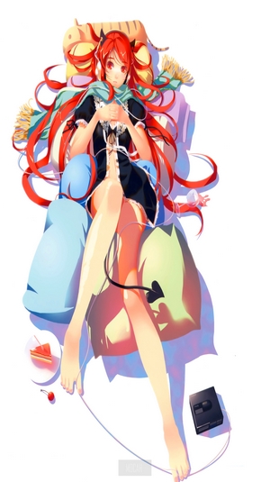 Anime girl with red hair listening to music
