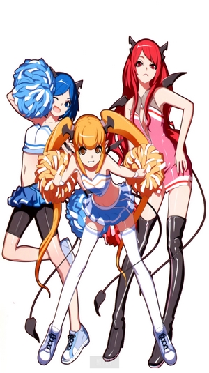 Three anime girls in cheerleader outfits with horns