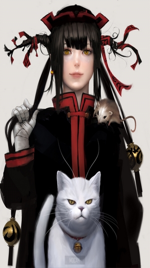 Anime girl with black hair, white cat, and mouse