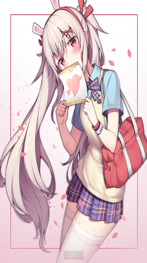 Anime girl with bunny ears holding a Valentine's card