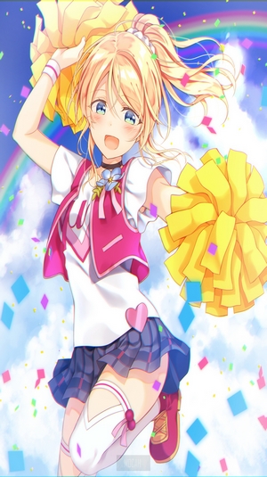 Anime girl with pom-poms and rainbow background