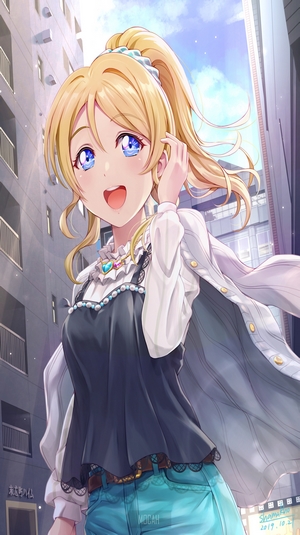 Ayase Eri from Love Live! walking in a city