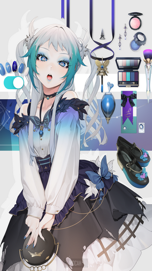 Anime girl with blue and white hair and makeup
