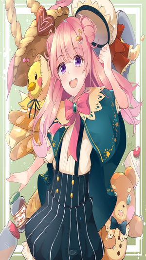 Anime girl with pink hair and sweets