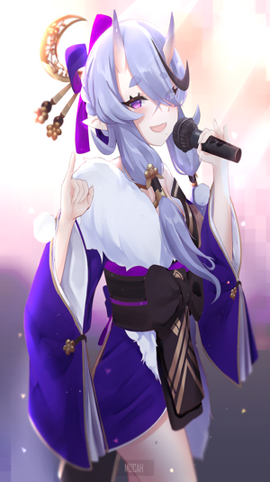 Anime girl with horns singing into microphone