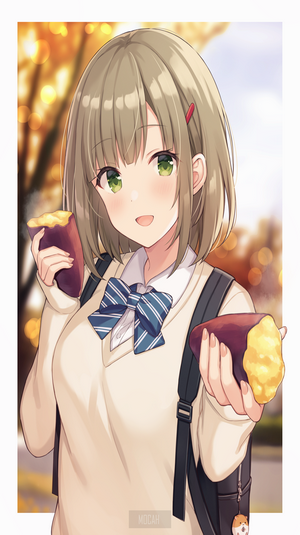 Anime girl in school uniform eating sweet potatoes