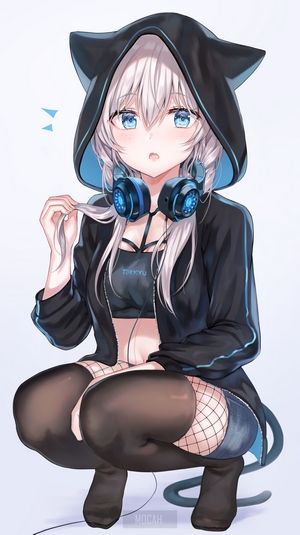 Anime girl with headphones and cat ears