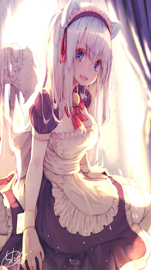 Anime girl with cat ears and wings in a maid outfit