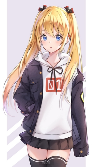 Anime girl with blonde pigtails wearing hoodie and jacket