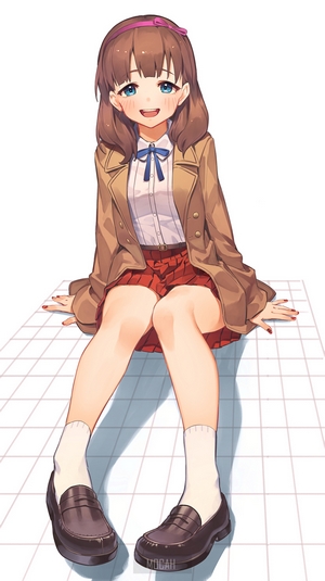 Anime girl in school uniform sitting on grid