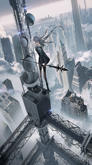 Anime girl with halo and spear on radio tower overlooking city