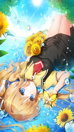 Anime girl with sunflowers and butterfly in water