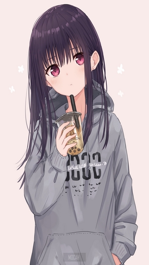 Anime Girl with Bubble Tea in Cozy Hoodie