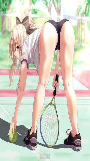 Anime girl in sports bra and shorts on tennis court