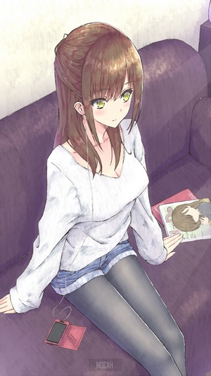 Anime girl with headphones and phone on couch