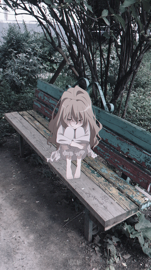 Aisaka Taiga from Toradora! sitting on a bench