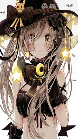 Anime girl in witch costume with Halloween decorations
