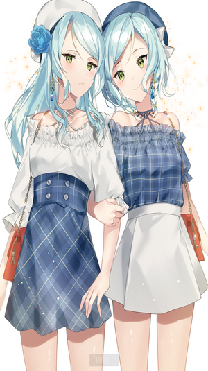 Two anime girls with blue hair and green eyes