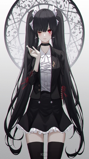 Anime girl with black hair and red eyes