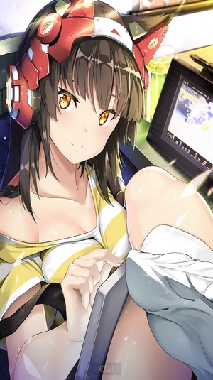 Anime girl with headphones and tablet