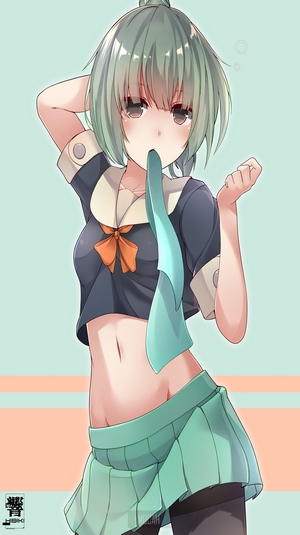 Anime girl with green hair and blue skirt