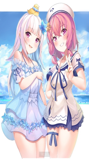 Two anime girls in swimsuits at the beach