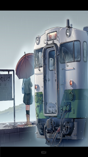 Anime girl with umbrella at train station in rain