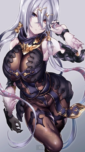 Anime girl with white hair and dark outfit