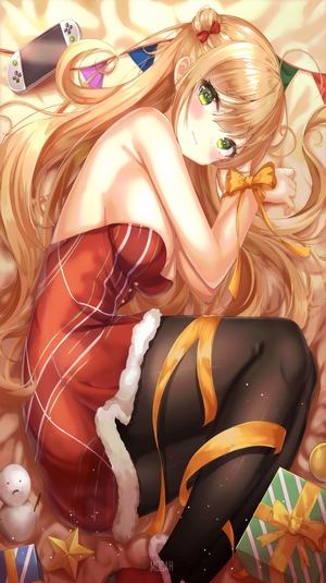 Anime girl in Christmas outfit with gifts
