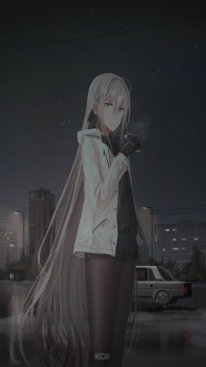 Anime girl with white hair holding a cup in Russia
