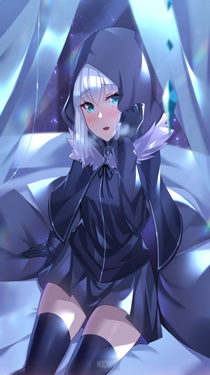 Anime girl with white hair and blue eyes wearing a hooded cloak